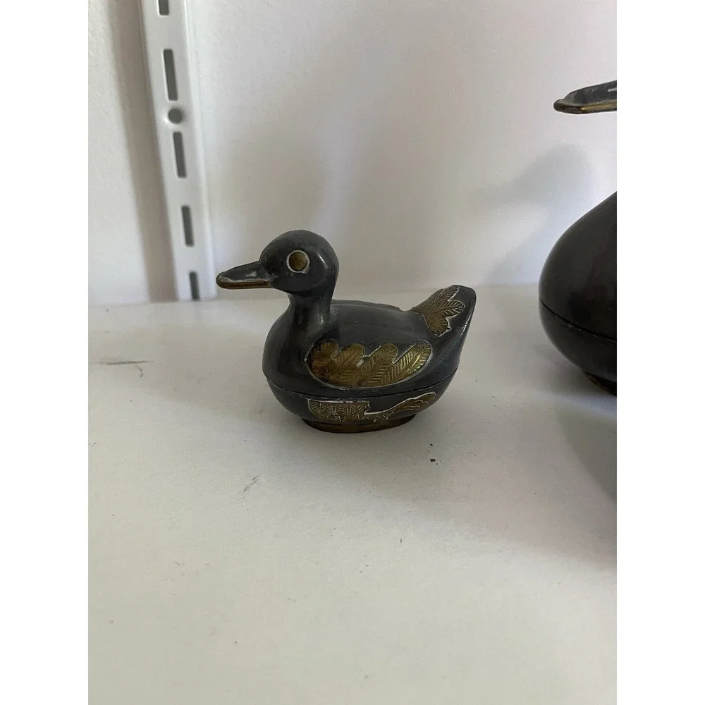 Vintage Solid Pewter and Brass Tin Duck Family Lidded Boxes - Set of 3 Hong Kon